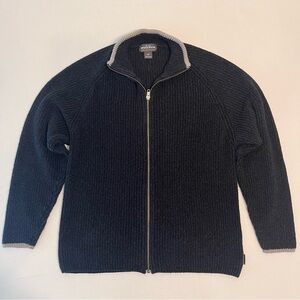 WOOLRICH Knitted Men Onyx Heather Trim Ramie Cotton Full Zip Long Sleeve size L